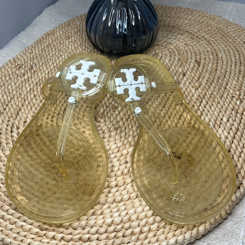 Tory Burch Translucent Yellow Jelly Logo Thong Sandals with White Emblem